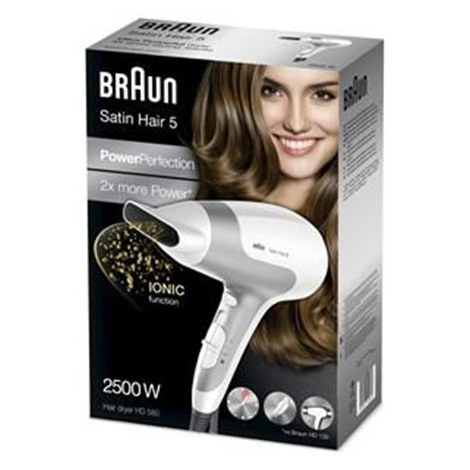 Braun | Hair Dryer | Satin Hair 5 HD 580 | 2500 W | Number of temperature settings 3 | Ionic function | White/ silver - 4
